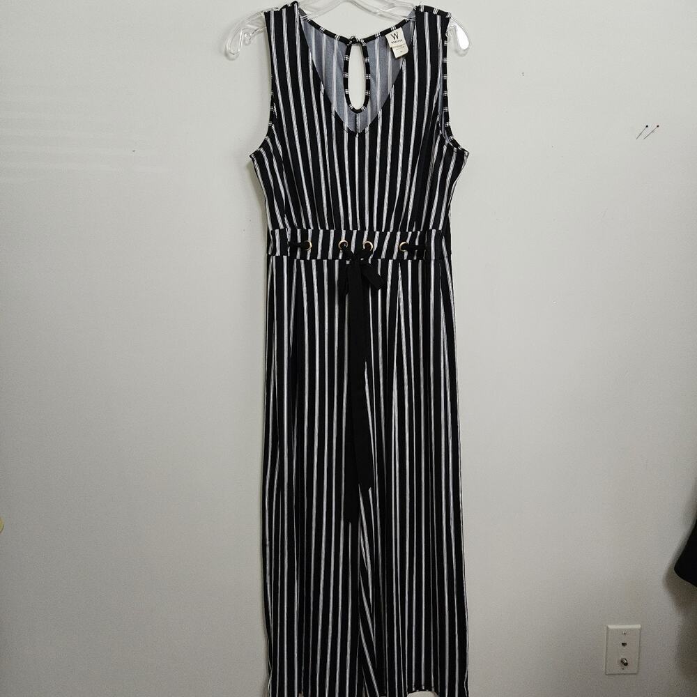 Wrapper Black & White Striped Jumpsuit sz PL Sleeveless V-neck Accent Waistband